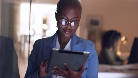 Black-woman,-tablet-and-business-in-office