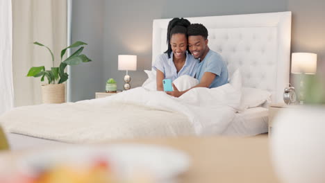 Couple,-bedroom-and-phone-video-call-of-black