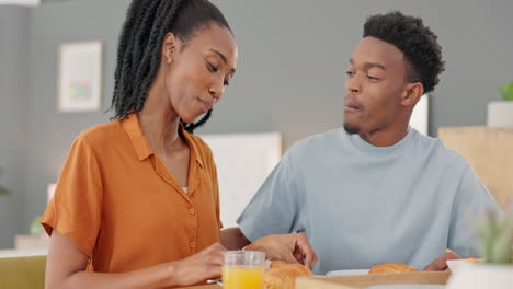 Happy,-black-couple-and-breakfast-feeding