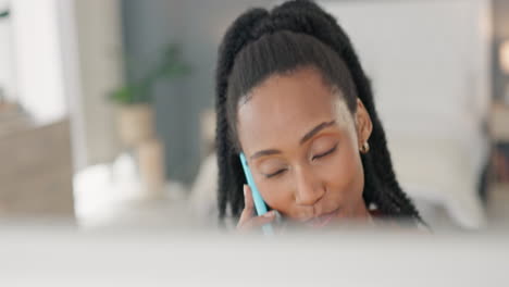 Mujer-Negra,-Oficina-Y-Llamada-Telefónica-De-Negocios