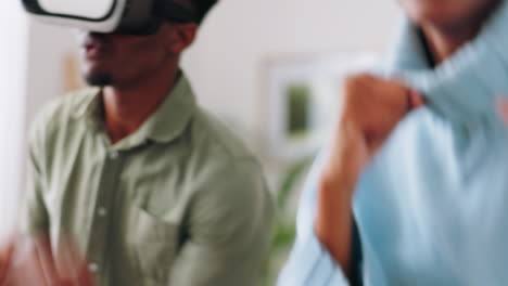 Gaming,-virtual-reality-and-a-couple-with-headset