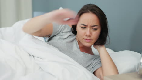 Woman,-bed-and-alarm-clock-in-morning-stretch