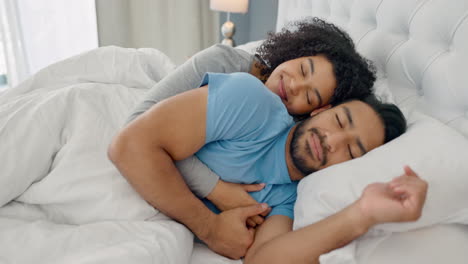Cuddle,-love-and-couple-sleeping-in-bed-at-home