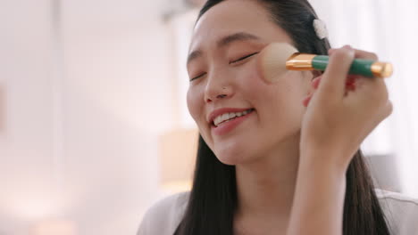 Skincare,-brush-and-makeup-artist-working-on-Asian