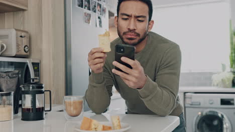 Asian-man,-phone-or-eating-breakfast-food