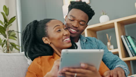Love,-sofa-and-black-couple-shopping-on-tablet