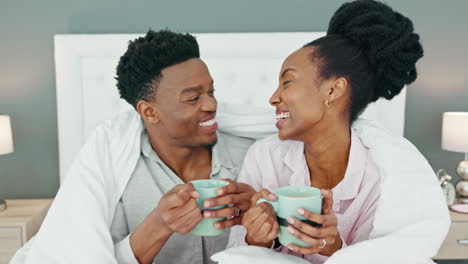 Happy,-couple-and-coffee-in-bed-of-black-people