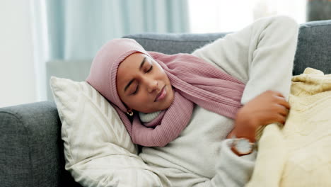 Muslim,-period-cramps-and-woman-with-stomach-ache