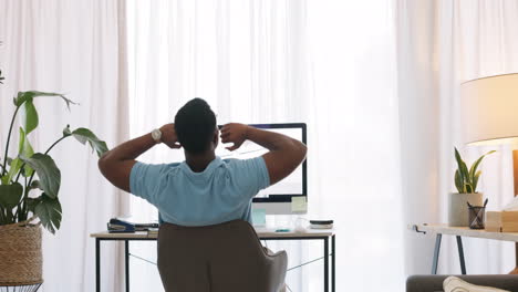 Black-man,-stretching-and-work-from-home-office