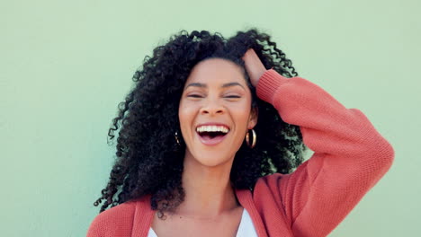 Black-woman-smile,-play-with-natural-hair