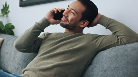 Man,-sofa-and-phone-call-in-living-room-talking