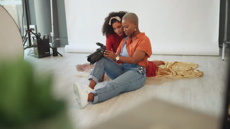 Black-woman,-model-and-studio-fashion-photographer