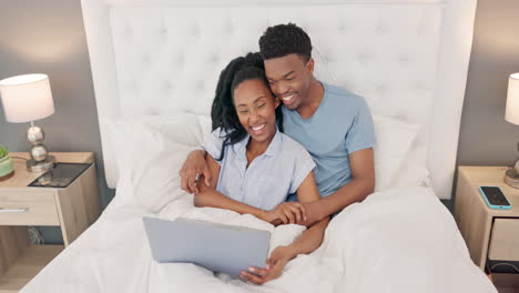 Laptop,-bed-and-black-people-couple-with-movie