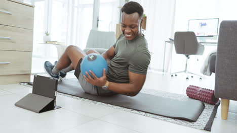 Tablet,-home-or-man-with-medicine-ball-in-fitness