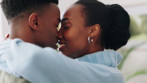 Couple-kiss,-African-marriage-and-happy-in-house
