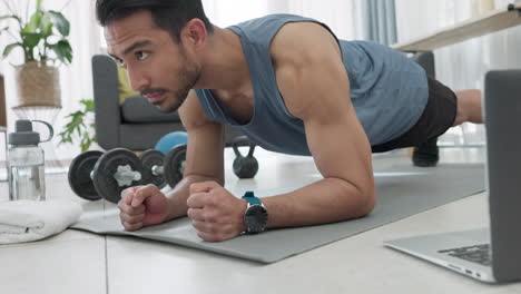 Fitness,-plank-and-online-home-exercise-of-man