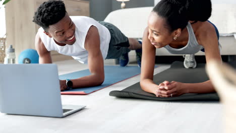 Couple-exercise,-fitness-or-training-with-laptop