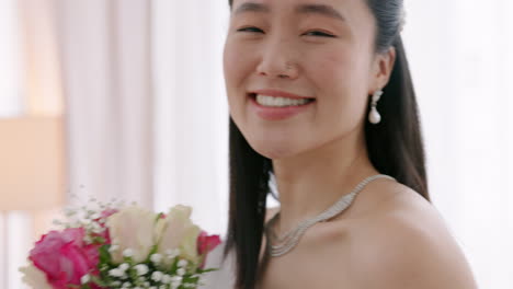 Bouquet-flowers,-smell-and-Asian-bride-smile