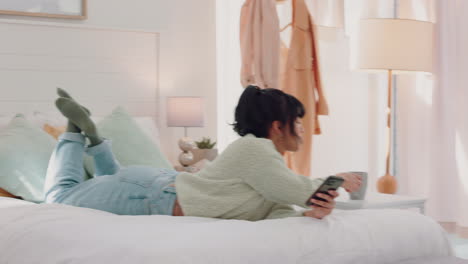 Woman,-coffee-or-phone-in-relax-bedroom