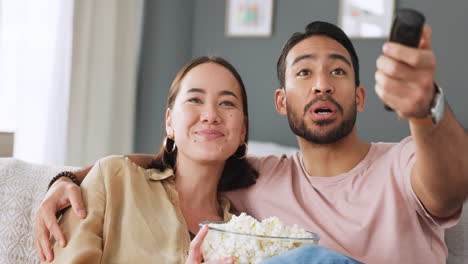 Happy-couple,-tv-remote-and-popcorn-while-watching