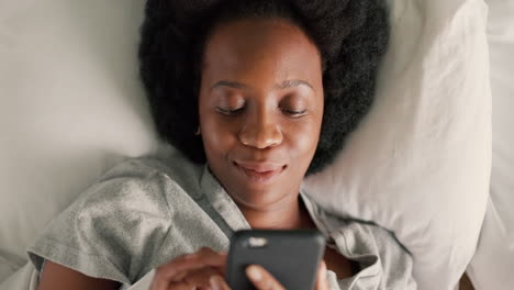 Wake-up,-phone-and-text-with-black-woman-in-bed