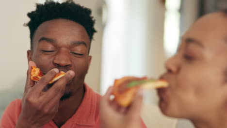Black-couple,-pizza-and-fast-food-with-young-man