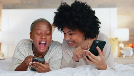 Friends,-phone-and-laugh-in-house-bedroom