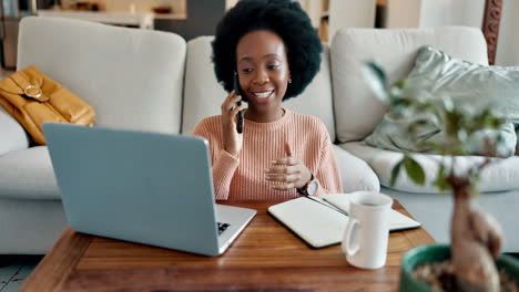 Black-woman,-phone-call-or-laptop-in-living-room