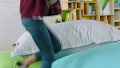Relax,-pillow-and-student-woman-jumping