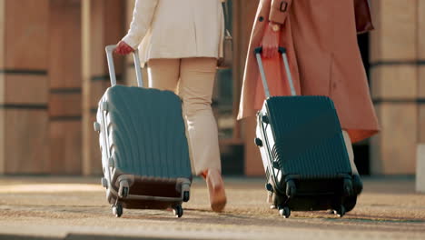 Women,-walking-and-city-travel-with-luggage