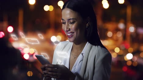 Night,-city-and-phone-hologram-with-woman-texting