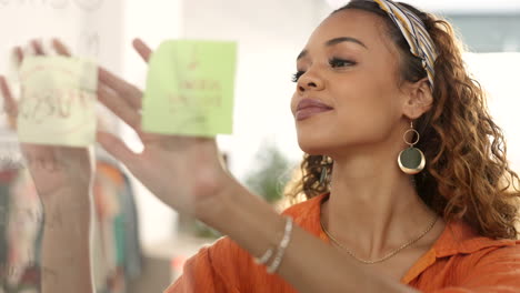 Sticky-note,-glass-board-and-black-woman-planning