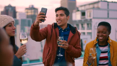 Friends,-celebration-and-selfie-of-rooftop-party