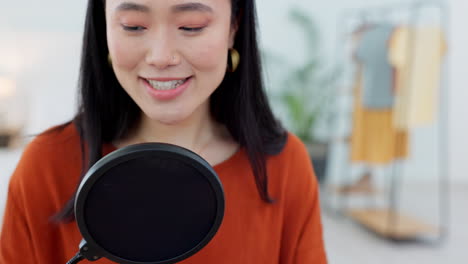 Asian-woman,-microphone-and-podcast