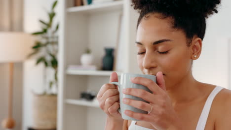 Black-woman,-coffee-aroma-and-thinking-of-health