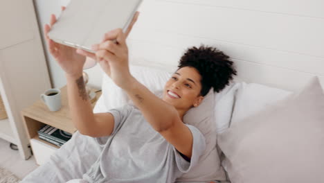 Black-woman,-tablet-and-video-call-in-bedroom