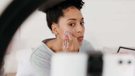 Black-woman,-influencer-and-phone-video-makeup