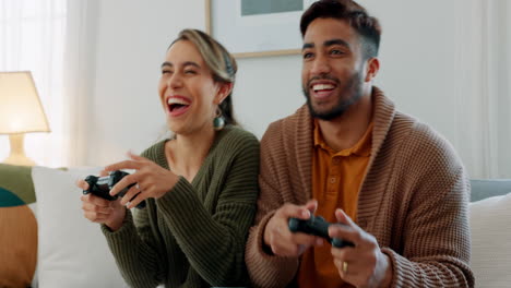 Video-game,-fun-and-excited-diversity-couple