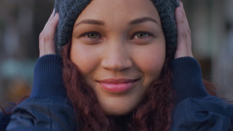Beanie,-happy-and-portrait-of-woman-in-winter