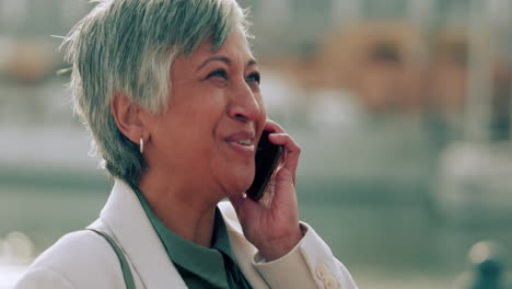 Comic-phone-call,-happy-and-mature-woman-talking