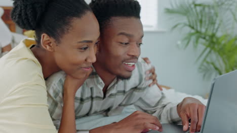 Black-couple,-bonding-or-laptop-in-house-bedroom