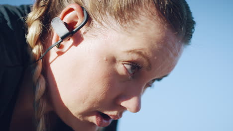 Woman,-music-earphones-or-tired-in-workout