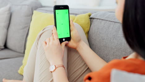 Woman,-phone-and-green-screen-with-mockup-space