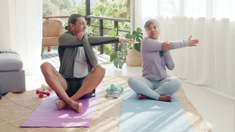 Seniorenpaar,-Yoga-Und-Heimtraining