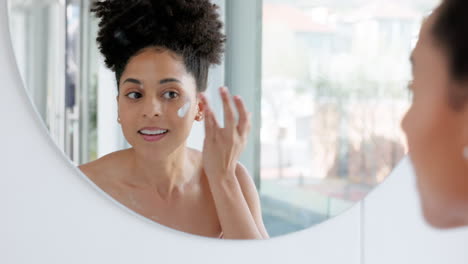 Skincare,-cream-and-black-woman-in-mirror
