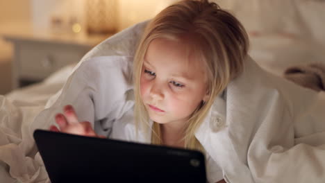 Bed,-games-and-girl-child-with-tablet-for-evening
