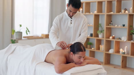 Back-acupuncture,-health-and-woman-at-spa-to