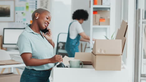Ecommerce,-box-and-phone-call-for-black-woman