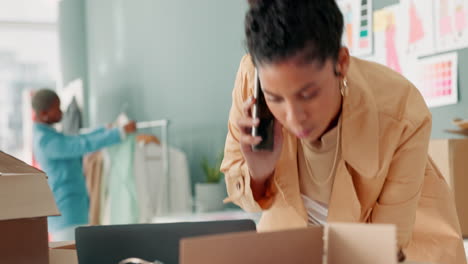 Woman,-phone-call-or-shipping-boxes-for-laptop