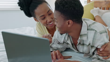 Laptop,-love-or-happy-black-couple-in-bedroom